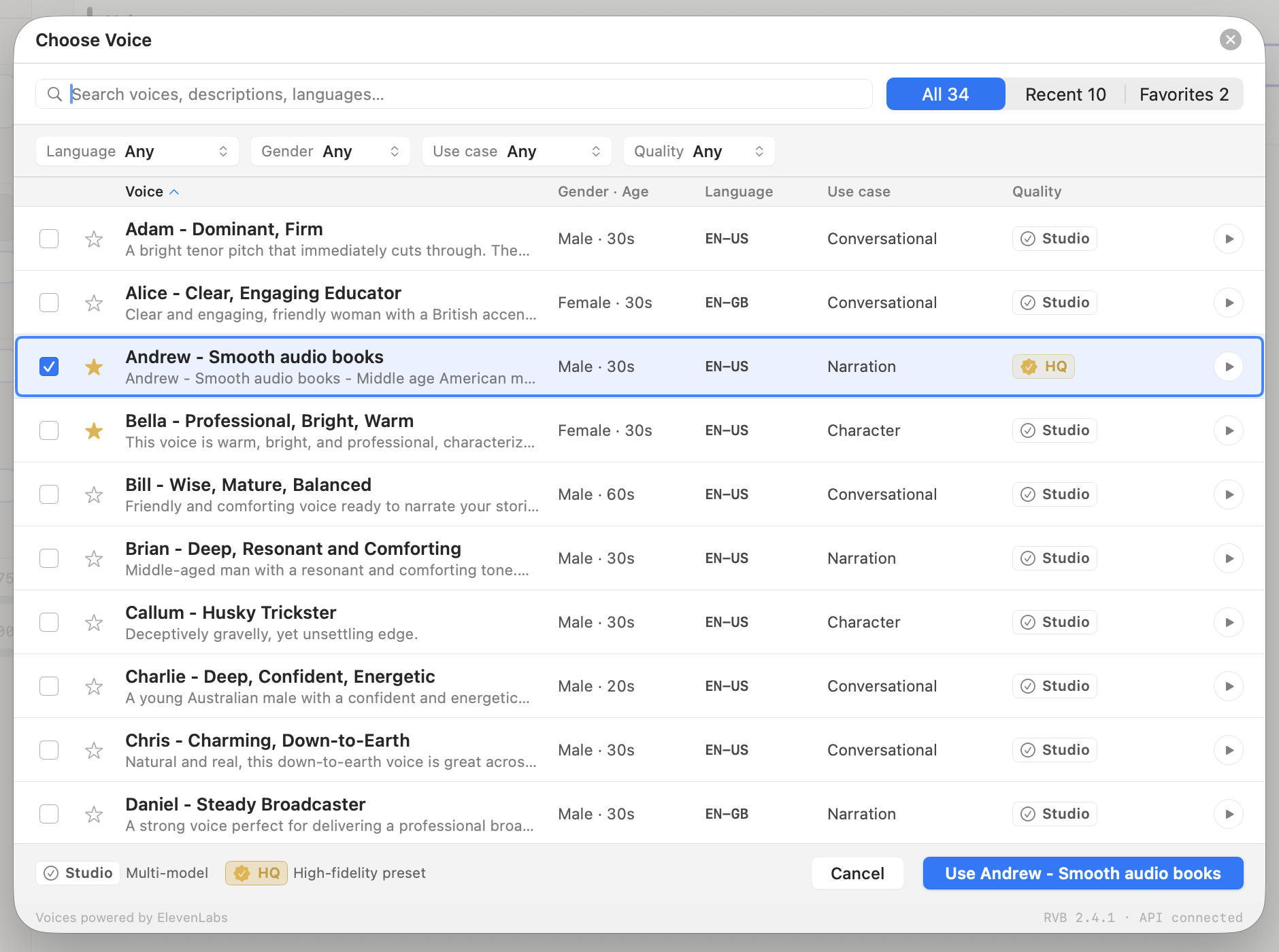 The Choose Voice sheet, with search, filters, sortable columns, favorites, and per-voice preview buttons
