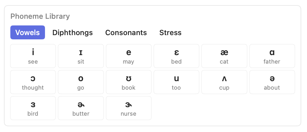 The pronunciation entry editor in Advanced mode, with phoneme chips and the tabbed phoneme library